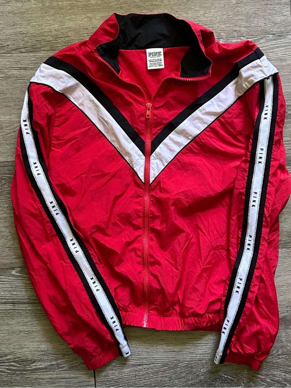 PINK Victoria's Secret Red Chevron Track Jacket with Black & White Trim